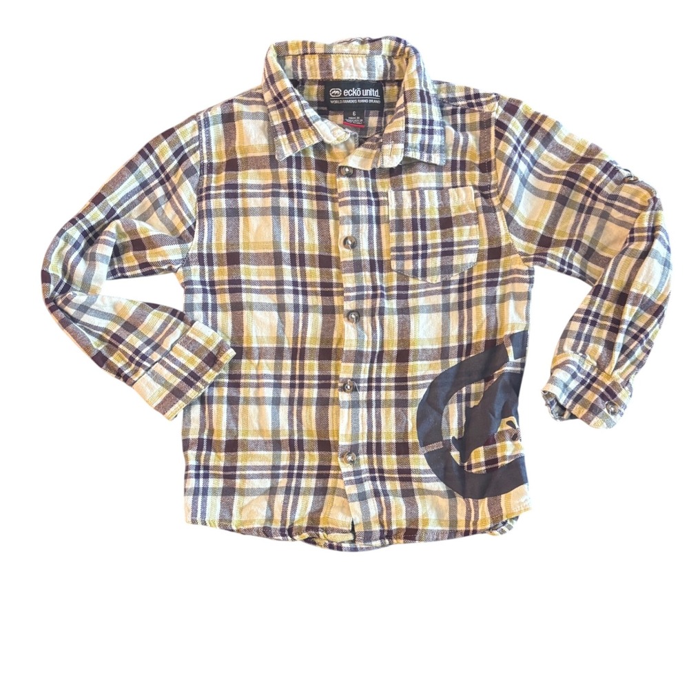 Ecko Unltd Boys Plaid Button Down Shirt Yellow Navy White Rhino Logo Size 6